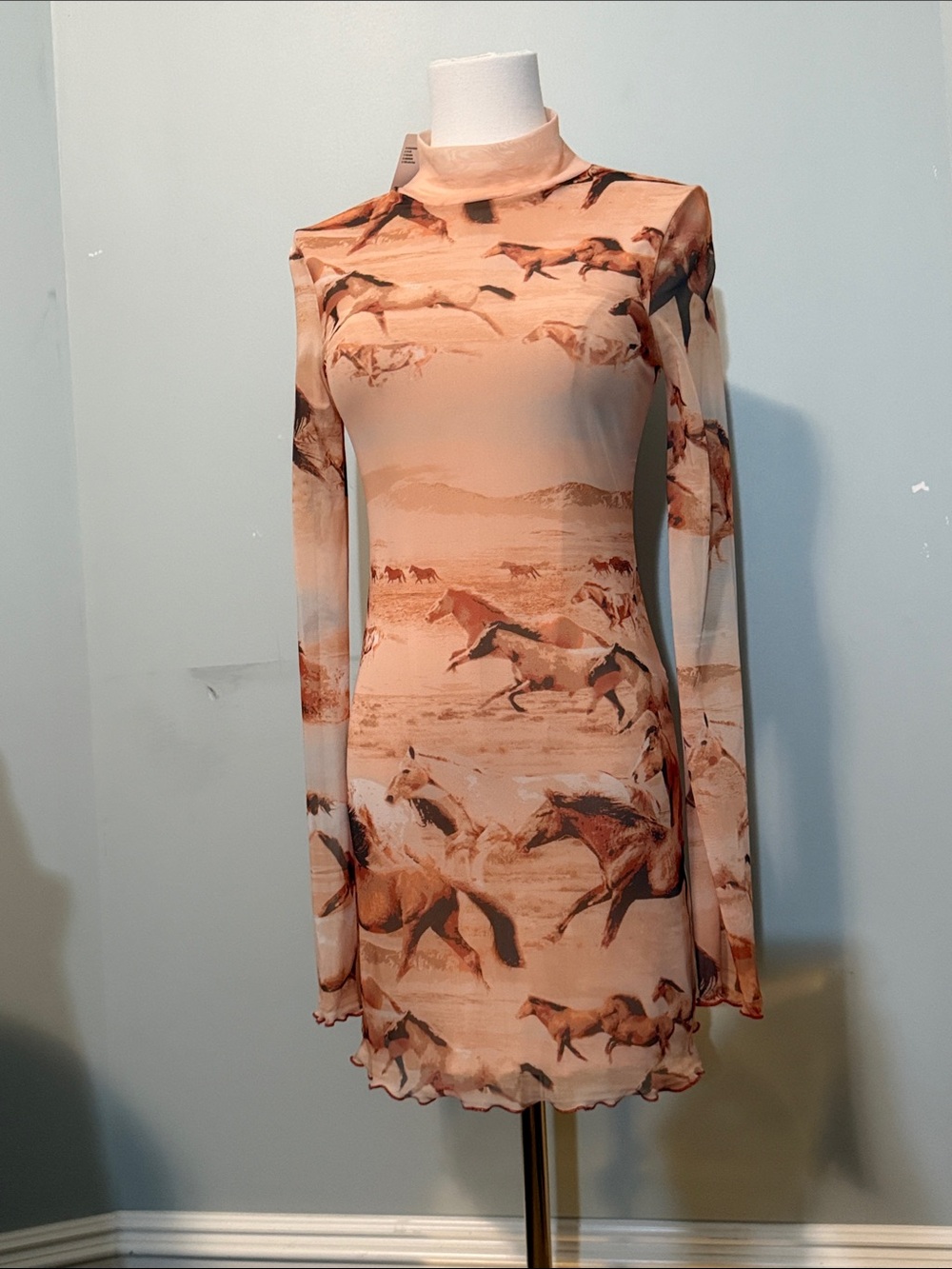 Urban Outfitters Beige & Brown Equestrian Print Long Sleeve Mock Neck Dress